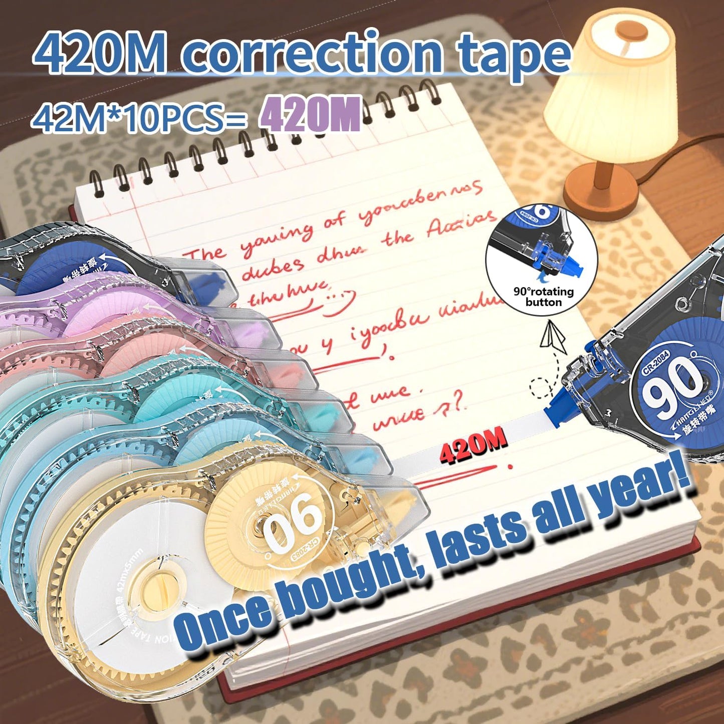 CHANGLi 10 PACK 1653Inch White Correction Tape, Total of 16530 inches, 90° Rotating Tip, Ergonomic Design, Tear-Resistant Tape Office or School Supplies, Includes Storage Pouch