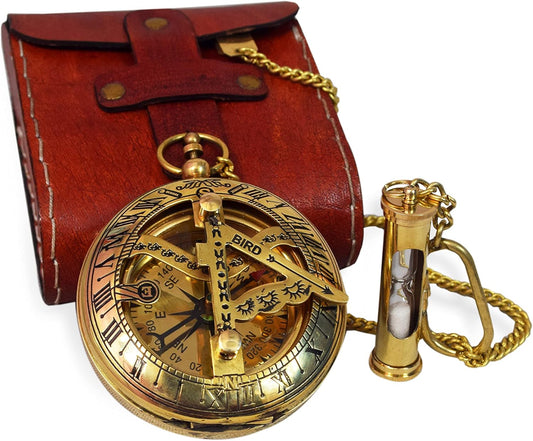 Vintage Brass Sundial Compass with Leather Case - Antique Brass & Copper Sun Clock for Camping, Hiking, Touring - Engraved Gift for Him - Nautical Ship Replica Watch - Sundial Clock in Box
