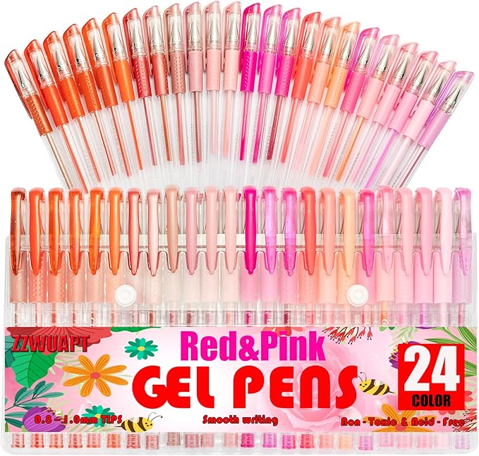 Red Pink Gel Pens for Coloring Book,72 Color Gel Pens Set including 24 Color Gel Pen with 48 Refills,40% More Ink Colored Gel Pens for Drawing, Doodling, Scrapbook, Journaling