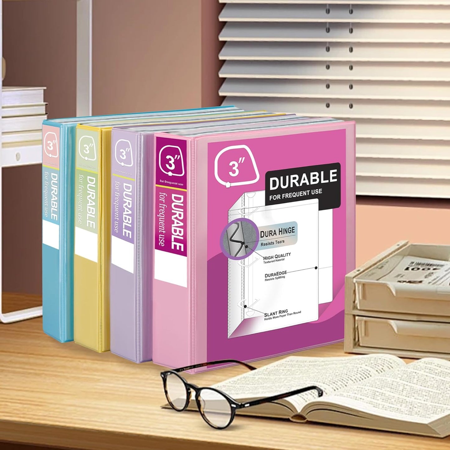 Zzrywuty Durable 3 Ring Binder, 3 Inch, Economy 4 Pack, Each Holds 675 Pages, D-Ring Presentation View Binders for Office, School, Home (Pastel Assortment)