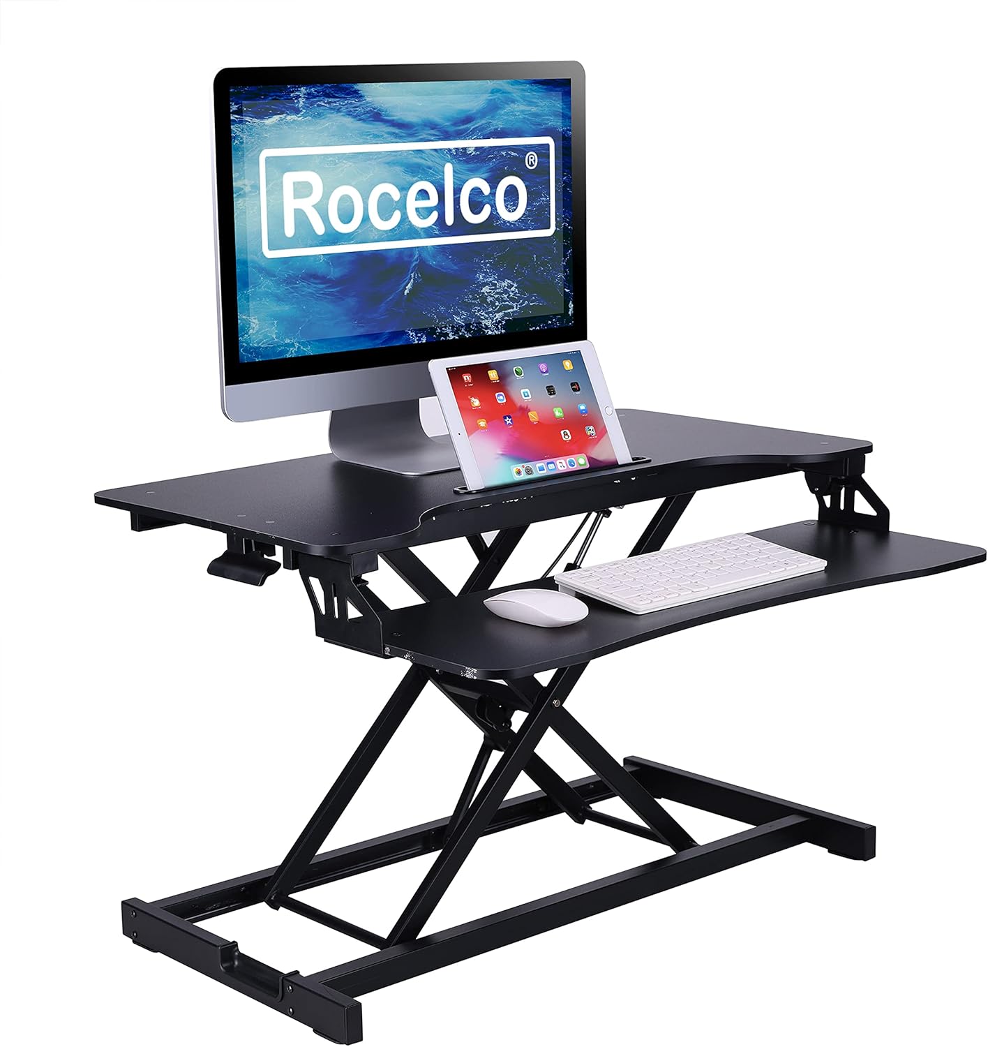 Rocelco Standing Desk Converter 31.5 Inch Sit Stand Up Dual Monitor Tabletop Riser with Tablet Mount, Height Adjustable Home Office Workstation - Deep Keyboard Tray for Laptop Mouse - Black (R VADRB)