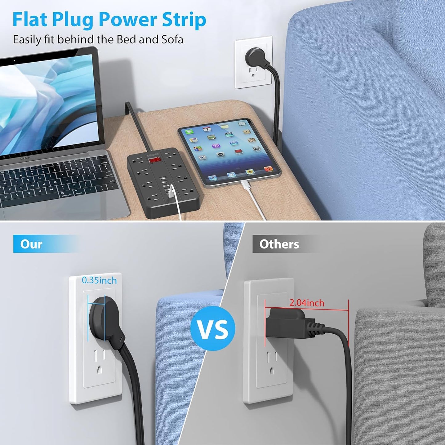 10 Ft Extension Cord Surge Protector, SMNICE 8 Widely Spaced Outlets and 6 USB (1 USB C) Charging Ports Flat Plug Power Strip, Desktop Power Cord for Travel Home Office Accessories Black