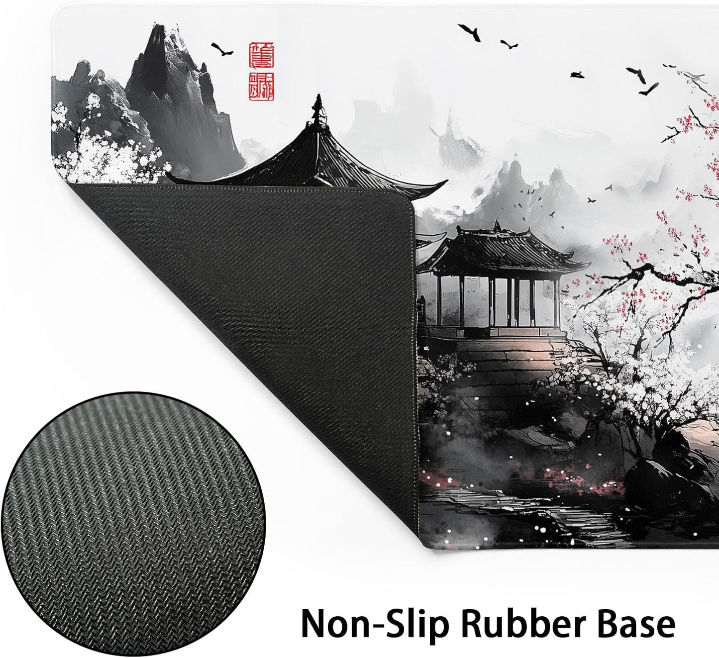 Black Whtie Japanese Gaming Mouse Pad XXL Anime Sakura Cherry Blossom Tree Extended Large Mat Mousepad Desk Pad Non-Slip Rubber Base Stitched Edge Keyboard Pad Playmat for Computer,35.4×15.7 Inch