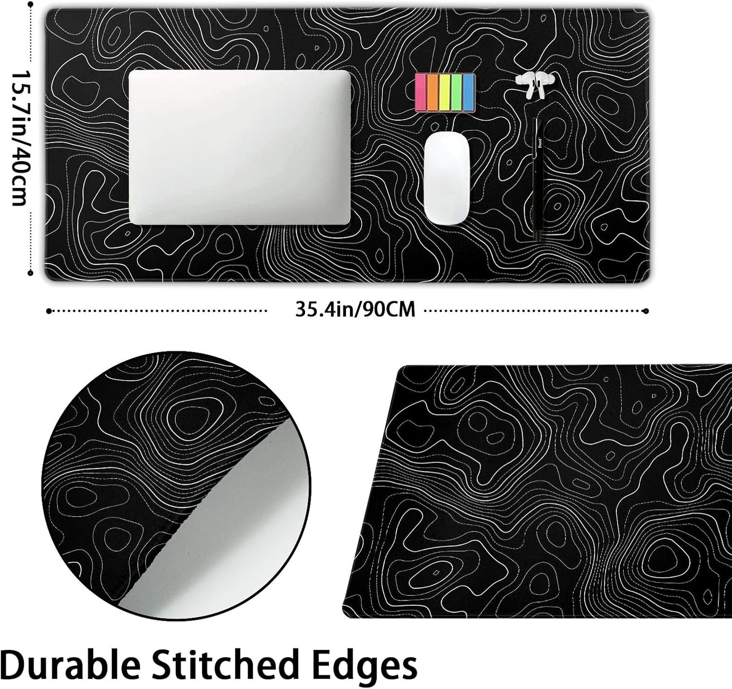 Topographic Contour Black Gaming Mouse Pad XXL Topo Geographic Map Lines Extended Large Mouse Pad Big Desk Mat Non-Slip Rubber Base Stitched Edge Long Mousepad for Desktop Office Desk,35.4 x 15.7 in