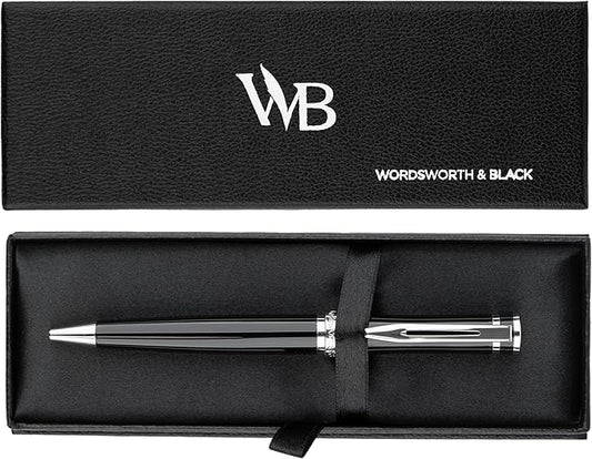 Wordsworth and Black Ballpoint Pen Black Lacquer- Stunning Luxury Pen Chrome Finish, Ink Refill, Best Gift Set for Men & Women, Refillable, Elegant, Nice Pens, Fine Point