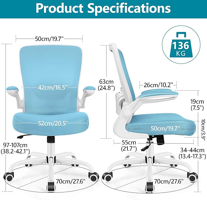 FelixKing Office Chair, Ergonomic Desk Chair Breathable Mesh Chairs with Adjustable High Back Lumbar Support Flip-up Armrests, Executive Swivel Comfy Task Computer Chairs for Home Office Blue