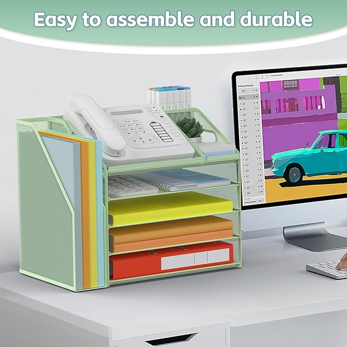DocNest 5 Tier Paper Letter Tray File Organizer, Mesh Desk File with Handle, Workspace Desk Organizers with Pen Holder, Office Organization Storage Accessories - Green