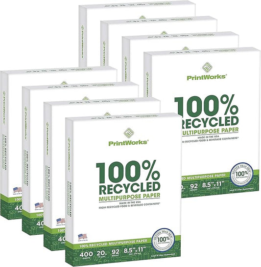 PrintWorks 100% Recycled Printer Paper 8.5" x 11" White - 20 lb Copy & Multipurpose Computer Paper - 8 Packs, 3200 Sheets - Made in the USA - 92 Bright - Printer & Copier Compatible (00018-8)