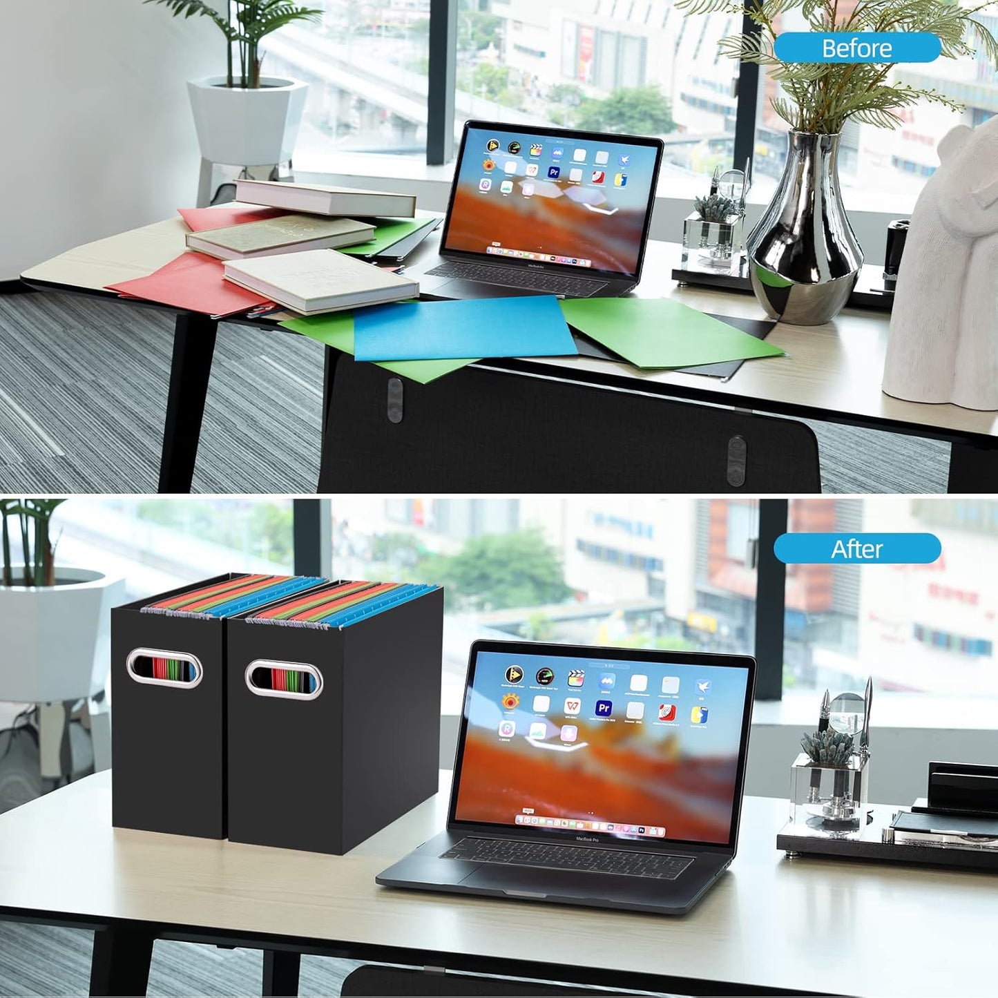 Oterri File Organizer, 1 Pack Small Storage Box, Cardboard File Folder Organizer, Collapsible File Box for Hanging File Folders Letter Size, Portable Filing Organizer with Handle (Black)