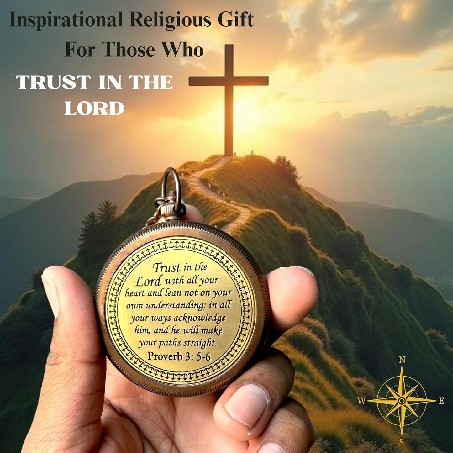 Trust in The Lord with All Your Heart -Proverbs 3: 5-6 Quote Engraved Compass with Wooden Box, Baptism Gifts for Boys, Inspirational Gifts Men, Graduation Day Gifts, First Communion Gifts