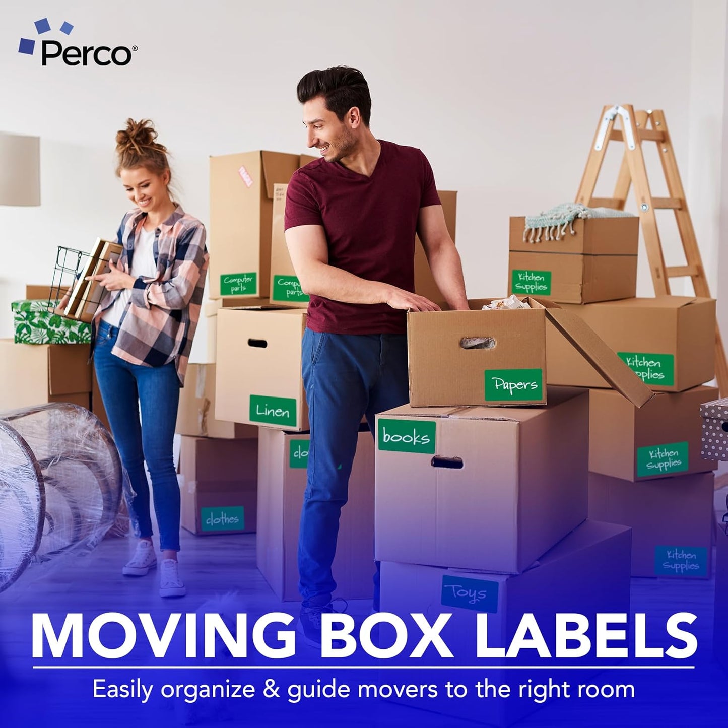Perco Green Labels 3x5 Inch 500 Stickers/Roll with Easy Peel Perforation and Strong Adhesion for Inventory Management, Color Coding, Moving Boxes, Retail, Organizing & Crafts – Made in USA