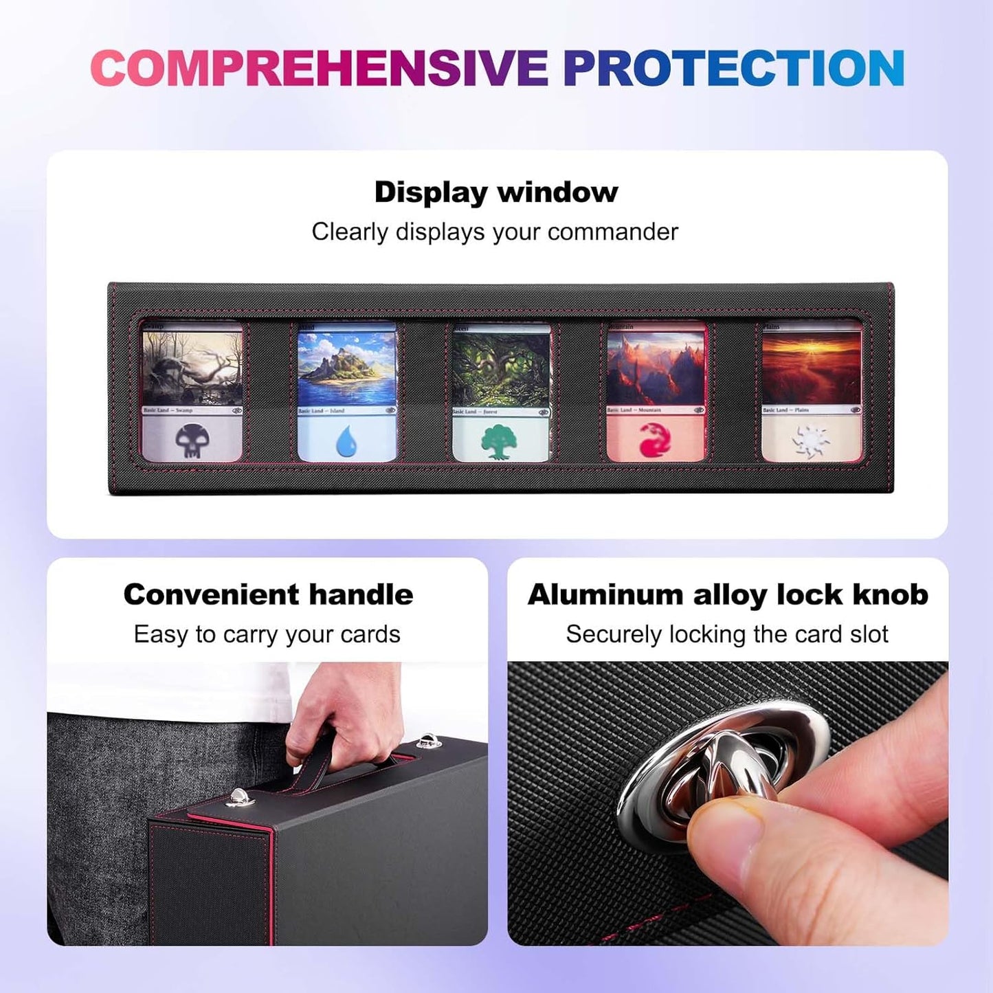 Trading Card Storage Box with Commander Display, 5 Row Magic Card Box with Handle & Aluminum Alloy Locking for 3900+ Unsleeved Cards Suits for MTG PTCG TCG Sports Cards (Black Red)