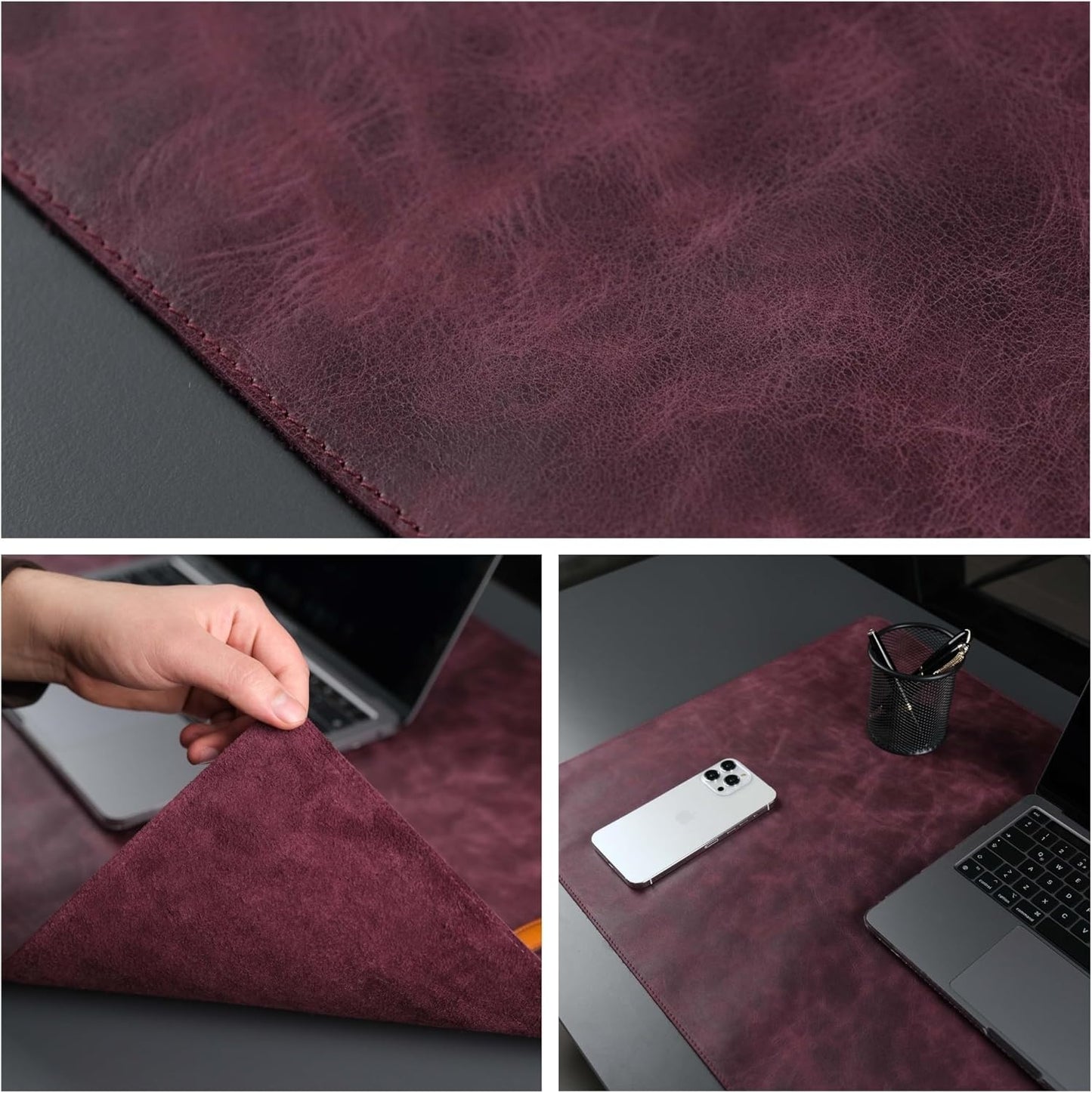 Jersey Genuine Calfskin Leather Desk Pad, Office Desk Mat with Non-Slip Bottom, Smooth Surface for Mouse & Keyboard, Desk Protector (36x19 inches) (Dark Purple)