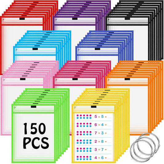 Teling 150 Pcs Dry Erase Pockets Bulk Reusable Job Ticket Holders Clear Plastic Sleeve Protector Work Order Sleeve Shop Ticket Holder for Welcome Teacher Back Office Supplies(10 x 14'',Multicolor)