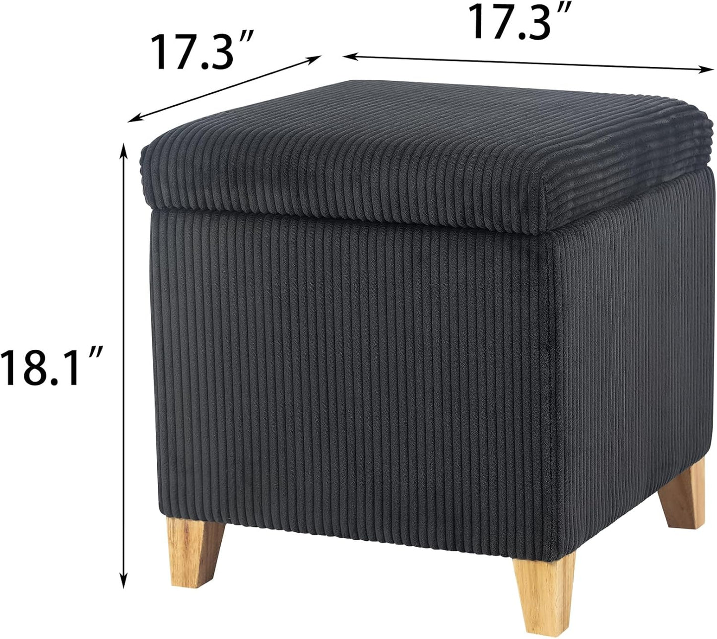 Adeco 18 Inch High Faux Fur Grey Cube Ottoman Storage, Fluffy Striped Velvet Chair Foot Stools, Small Bench Upholstered Vanity Stool with Hinged Lid, Solid Wood Legs