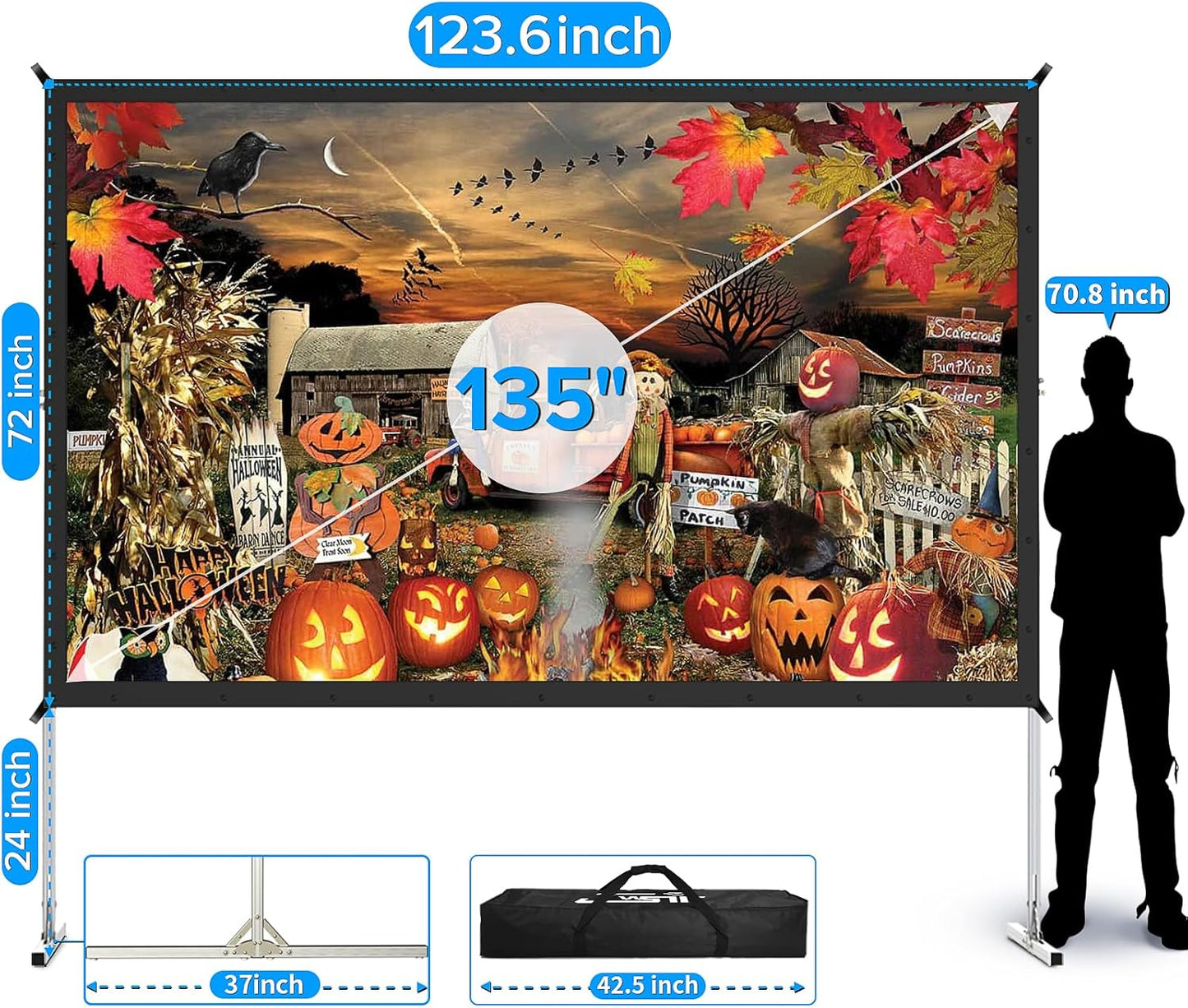 Projector Screen and Stand,JWSIT 135 inch Outdoor Movie Screen-Upgraded 3 Layers PVC 16:9 Outdoor Projector Screen,Portable Video Projection Screen with Carrying Bag for Home Theater Backyard