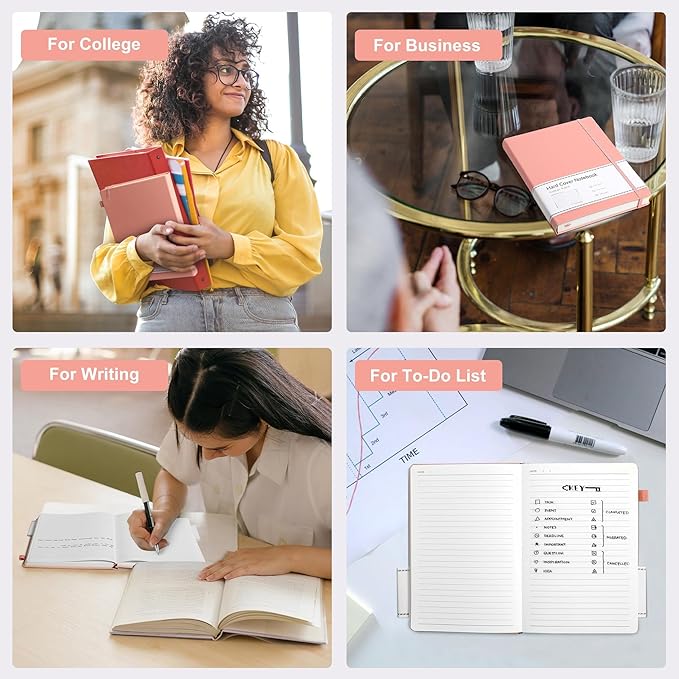 CAGIE Lined Journal Notebook, 320 Pages College Ruled Notebook, 100 Gsm Paper Thick Journal, B5 Hardcover Leather Journals for Writing Women, 7.6x10 In, Pink