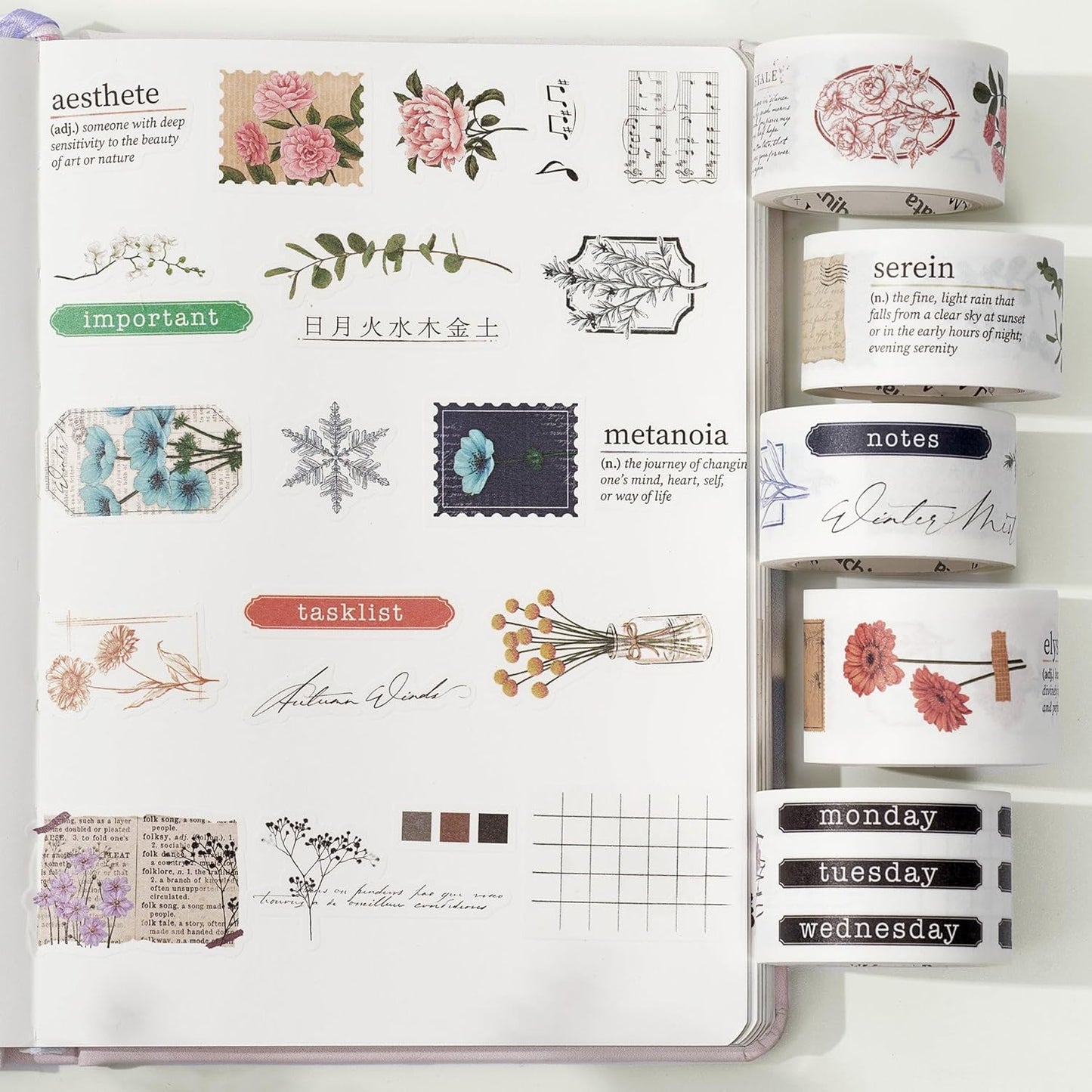 WT Seasonal Splendor Washi Tape Sticker Set, 5 Rolls, Original Designs, Vintage Watercolor Floral Design, Adhesive Stickers for Junk Journals, Scrapbooks, Bujo, Planners, DIY Crafts