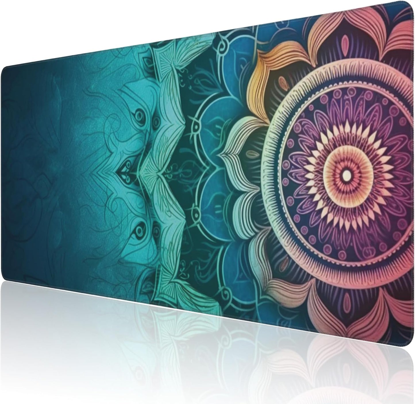Desk Mat, Vintage Mandala Flowers Extended Large Gaming Mouse Pad XXL, Non-Slip Rubber Base Stitched Edges Long Computer Keyboard Desk Pad Mouse Mat for Home Office Gaming 35.4"X15.7"