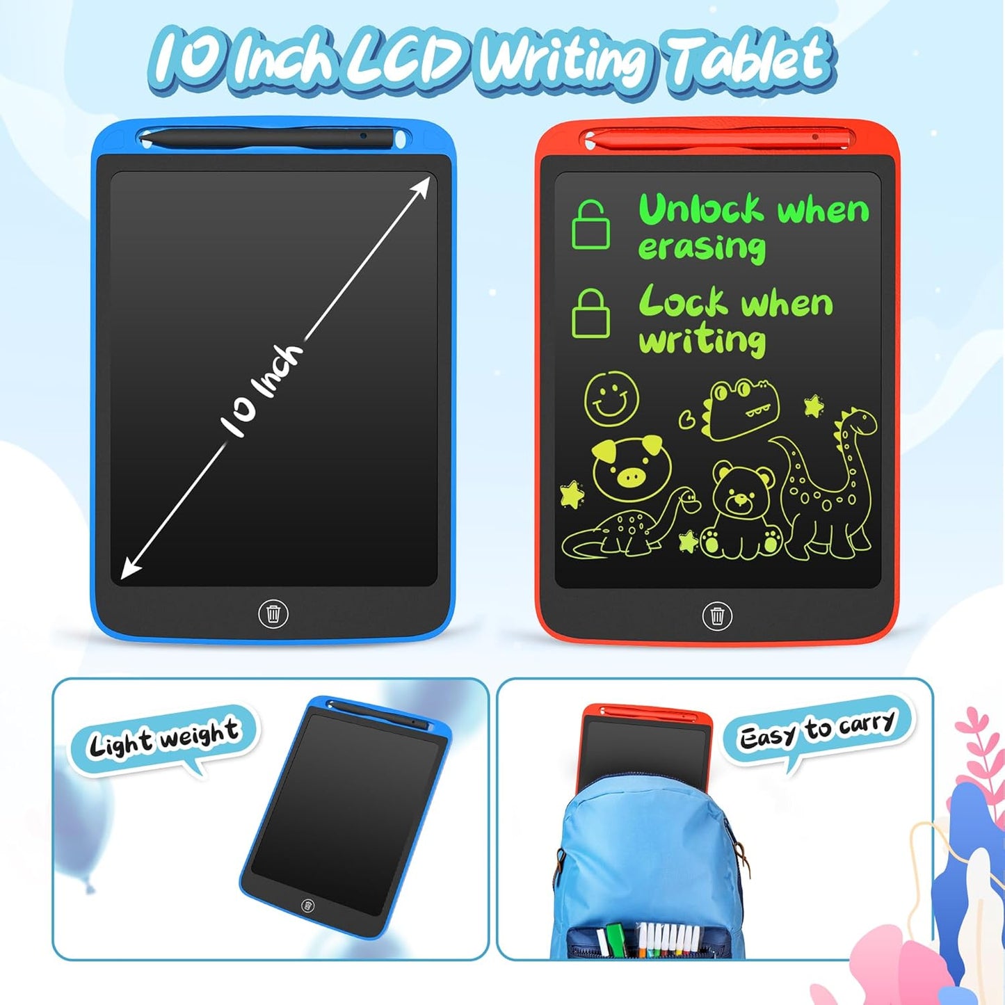 SOOOO LCD Writing Tablet for Kids 10 inch 2 Packs, Doodle Board, Drawing Tablet for Toddler Girls/Boys Toys Learning Drawing Toy for 3 4 5 6 7 Years Old Kids, Dark Blue and Red