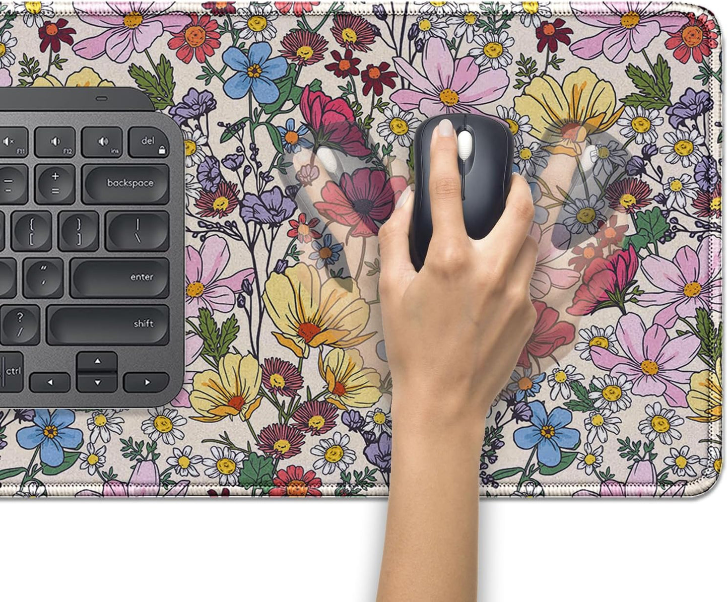 Colorful Flowers Mouse Pad,Large Floral Mousepad Desk Pad with Stitched Edges,Non-Slip Waterproof Rubber Base Mouse Mat for Office Computer Keyboard Laptop Home(27.5x11.8 in)