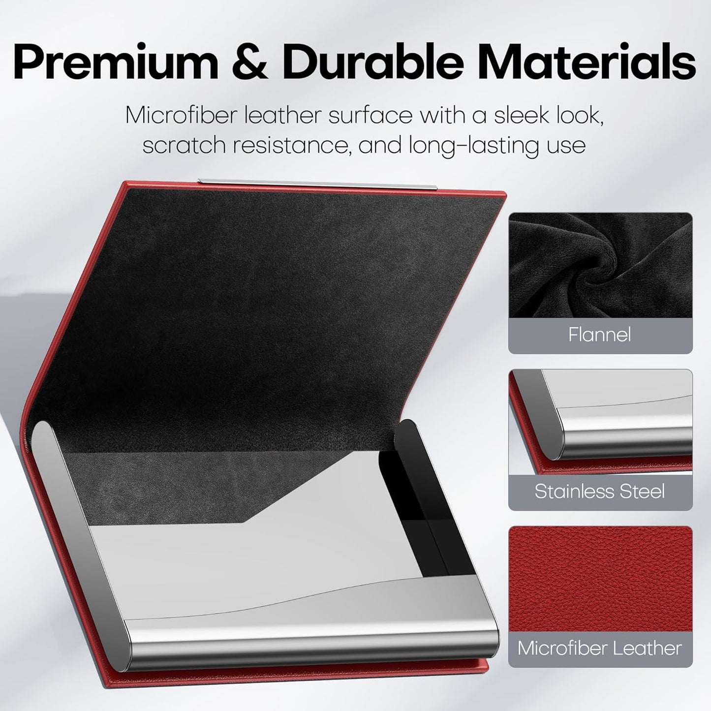 Padike Business Card Holder, Red Faux Leather Wallet with Stainless Steel, RFID Protected