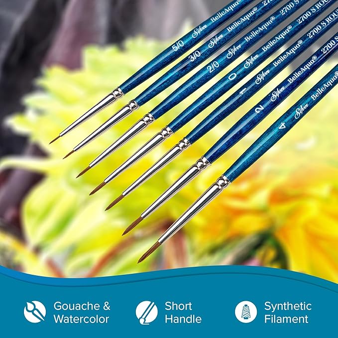 Silver Brush Limited BA-2753S BelleAqua Basic Round Watercolor Brush Set, 3pc Professional Short Handle Premium Round Painting Brush Set with Soft Synthetic Red Sable Bristles, Sizes 6, 8, and 10