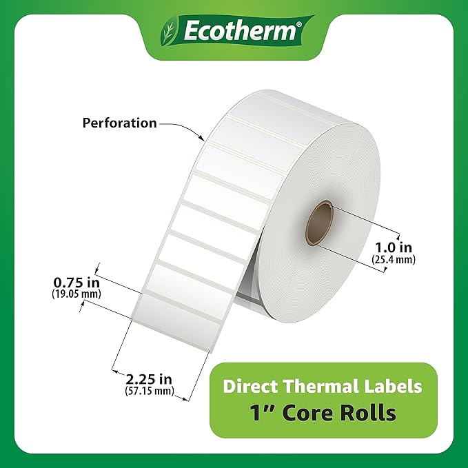 2.25" x .75" Thermal Labels | 6 Rolls | 19890 Labels | fits Zebra, Munbyn, Rollo, Godex, Arkscan, iDPRT, Offnova Thermal Label Printers and More | Blank White Adhesive Stickers by Ecotherm