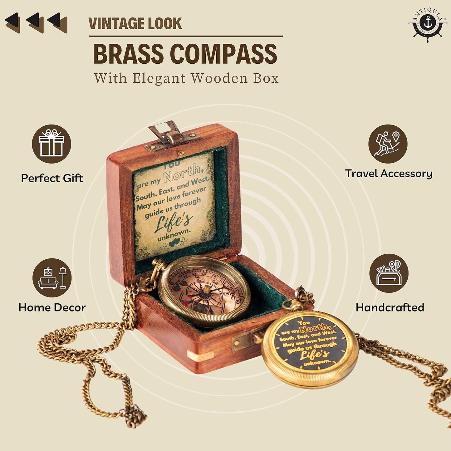 Brass Compass with Wooden Box - Graduation Gifts, Pirate Accessories & Baptism Gift For Boys, Steampunk Travel Decor Compasses For Missionary, Inspirational and Sentimental Compass