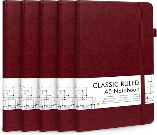 feela 5 Pack Journal Notebook Bulk for School, Hardcover Business Notebooks Classic Ruled Lined Journals with Pen Holder for Work Note Taking, with 5 Black Pens, 120 GSM, 5.1”x8.3”, A5, Wine