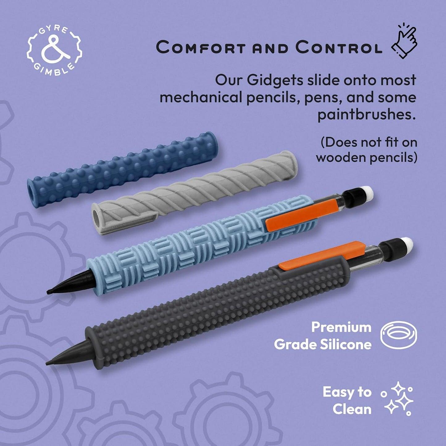 Gyre & Gimble Pencil Gidgets – Textured Silicone Pencil Sleeve for Quiet Fidgeting – Transform Your Mechanical Pencil into a Sensory ADHD Tool for Kids and Adults – 4 Sleeves & 2 Pencils - Gray