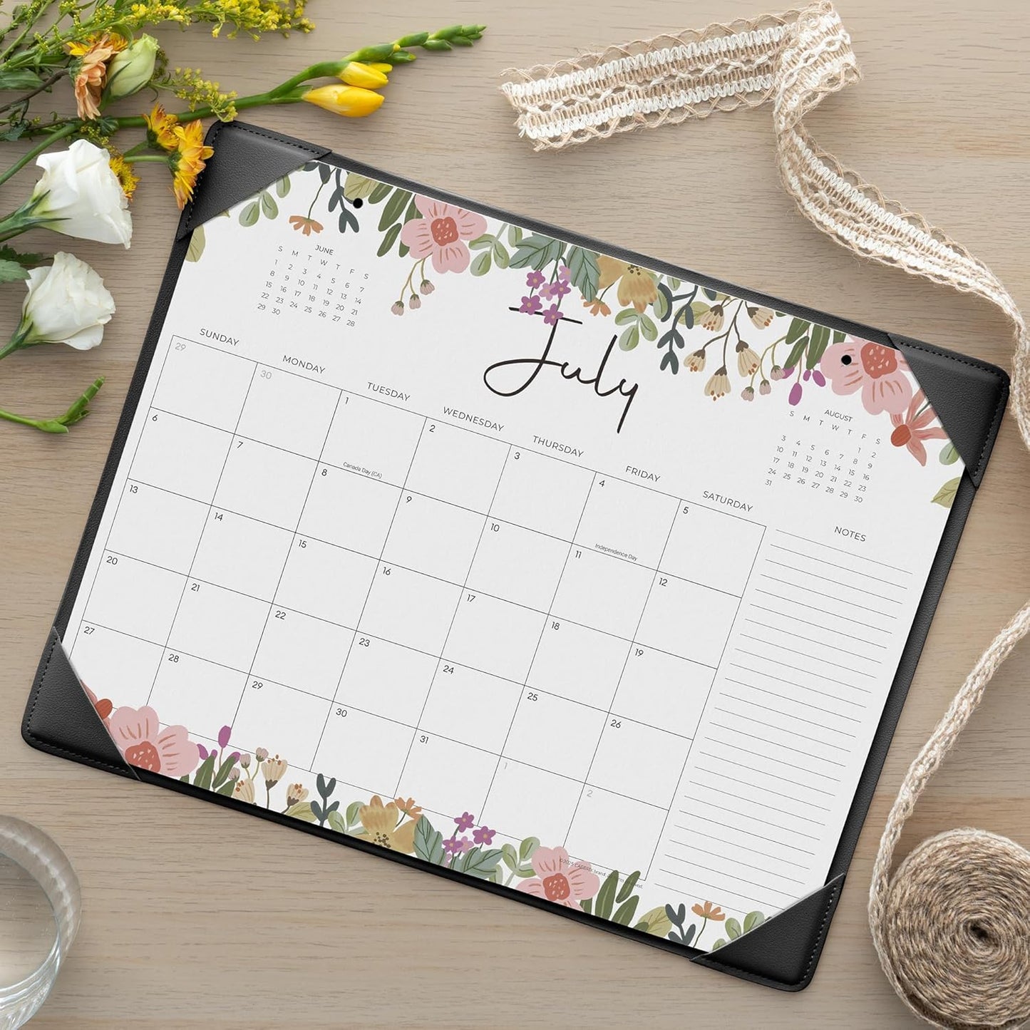 Cabbrix Desk Calendar 2025-2026 with Desktop Mat, Floral Desk Pad Calendar 15 x 12 Inch Runs From July 2025 to December 2026, Desk Blotter Calendar for Home School and Office (Black)
