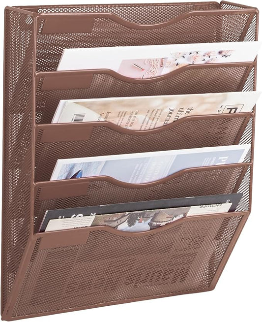 EASEPRES 5 Pocket Mesh Hanging Wall File Organizer, Wall Mounted Mail Paper Document Folder Holder, Clipboard Storage Organization Magazine Rack with Nametag Label for Office Home School, Brown