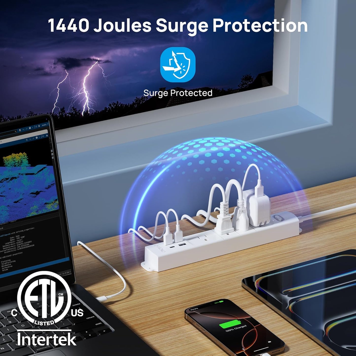 TROND Surge Protector Power Strip with USB, Ultra Thin Flat Plug 6ft Extension Cord 1625W, 3 USB A & 1 Type C, 4 AC Outlets 1440J Surge Protection ETL Listed, Wall Mount for Home Office Dorm, White