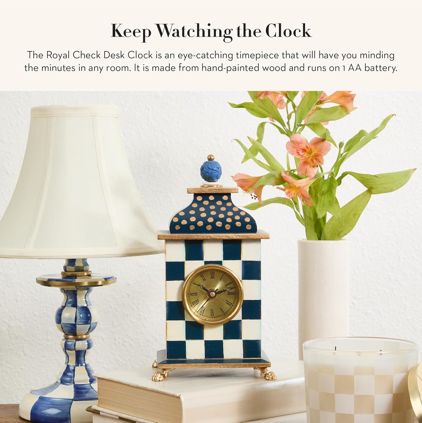 MACKENZIE-CHILDS Desk Clock, Decorative Wood Clock for Kitchen and Living Room, Blue-and-White Royal Check