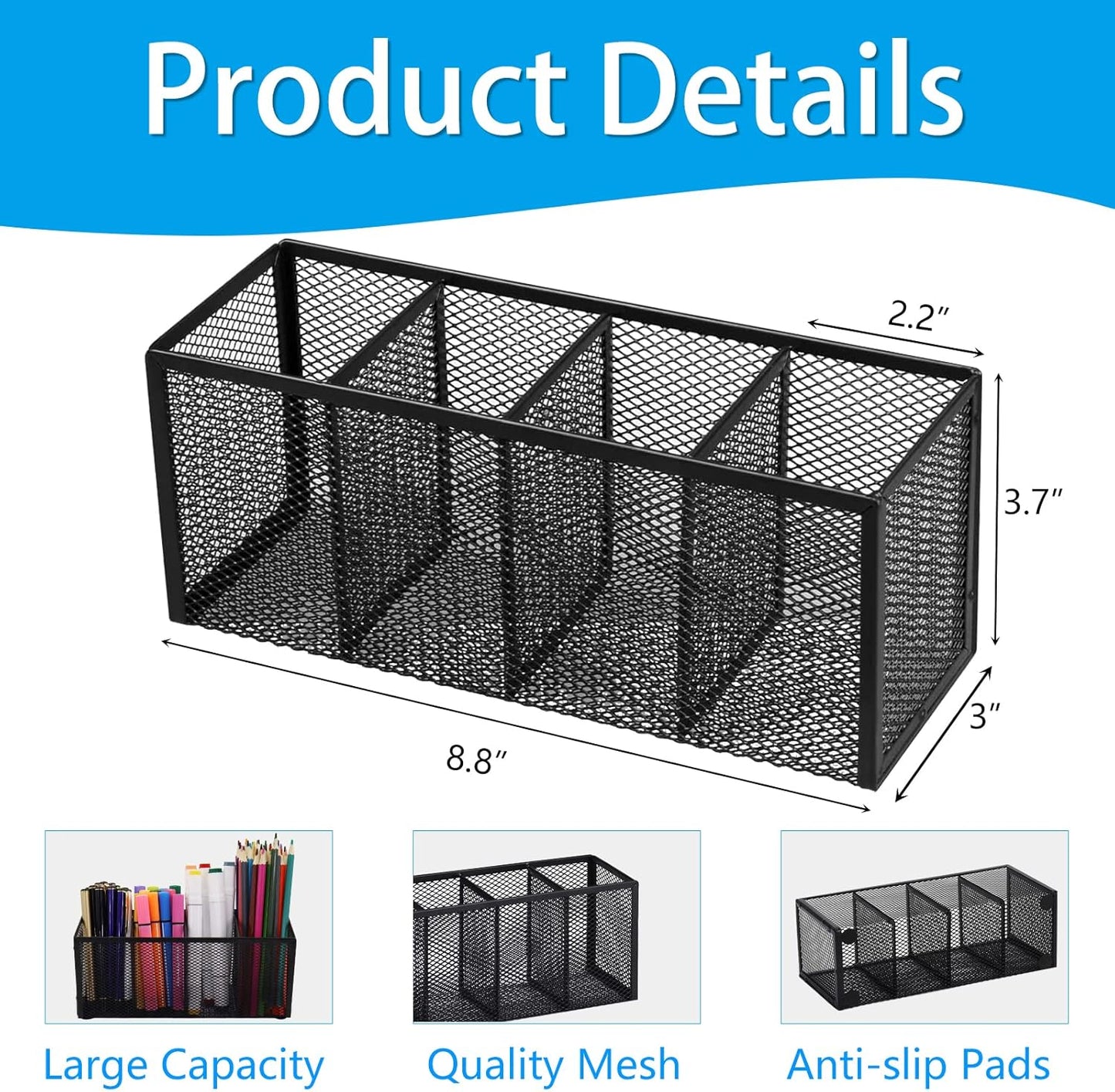 2PCS Black Mesh Pen Pencil Holder, Metal Desk Organizer Desktop Stationery Office Supplies Acessories Storage Stand, 4 Compartments Brushes Holder for Home School Classroom Teachers