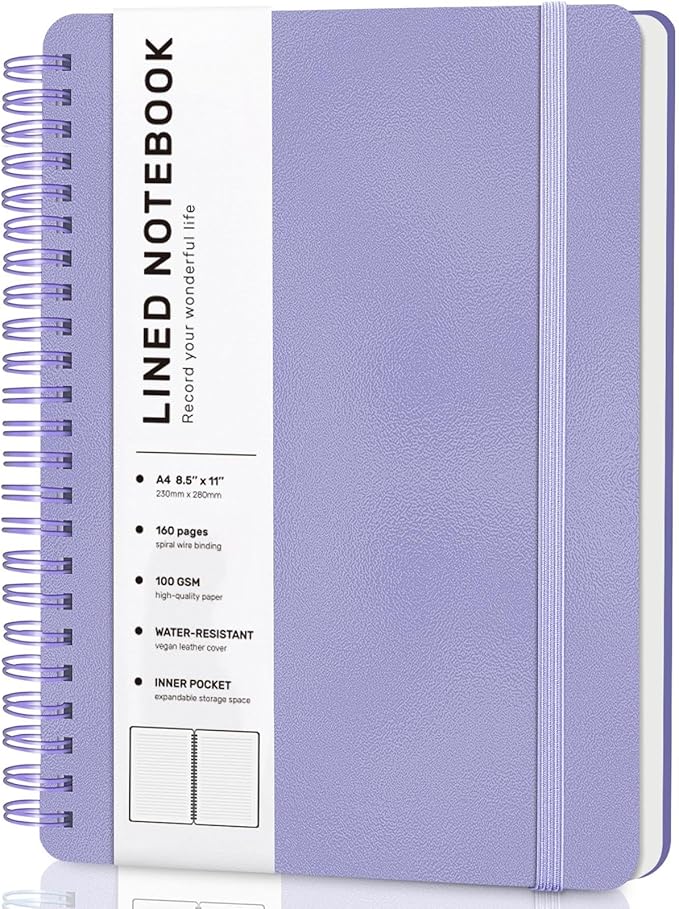 Lined Spiral Journal Notebook, A4 Hardcover Leather Notebook for Work, 8.5''×11'', 100GSM Thick Paper Spiral Bound Journaling Notebooks for Women & Men Office School Note Taking Business, Purple
