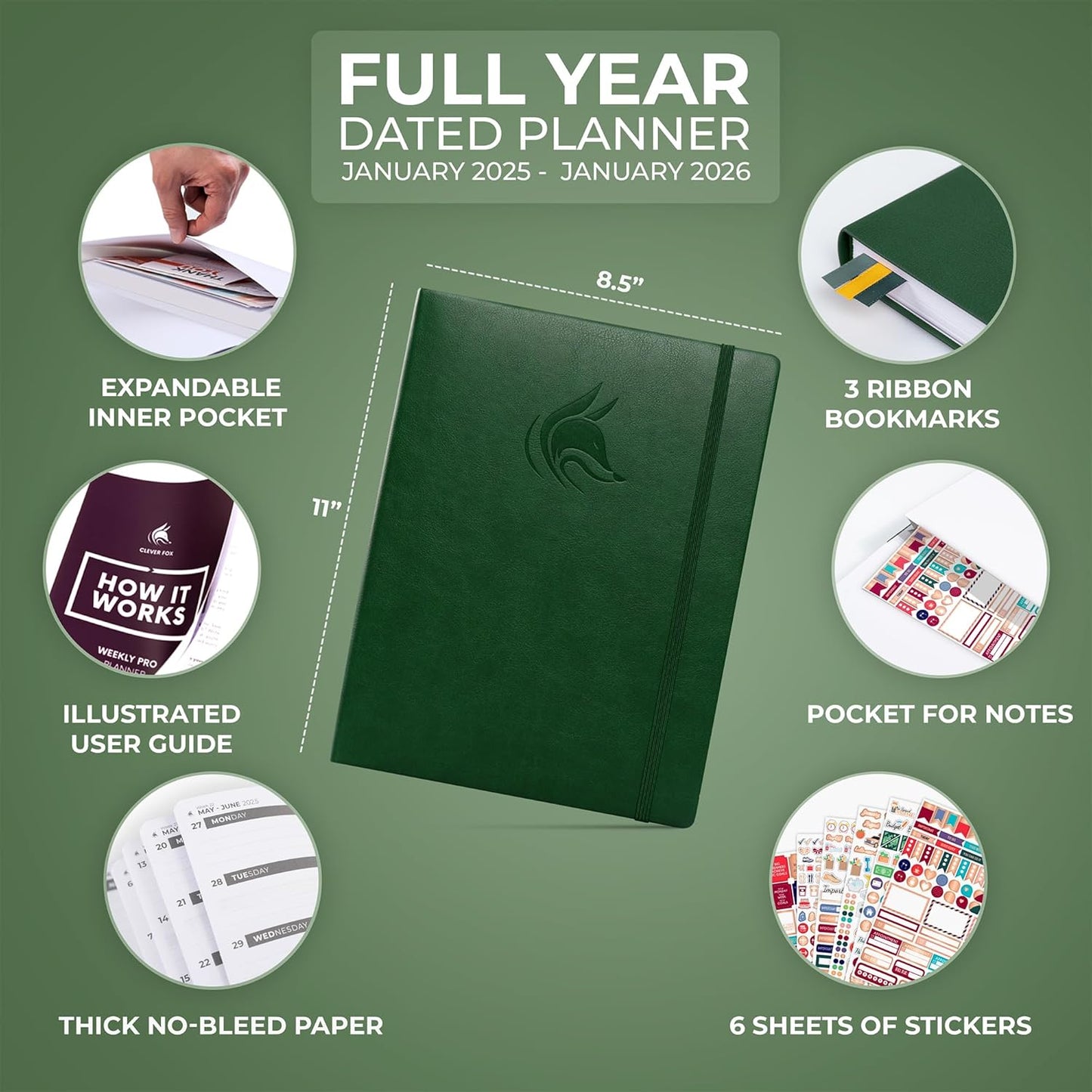 Clever Fox Planner PRO Dated (Jan 2025–Jan 2026) Weekly & Monthly Life Planner to Increase Productivity, Time Management and Hit Your Goals – Organizer, Gratitude Journal – A4 Size (Forest Green)