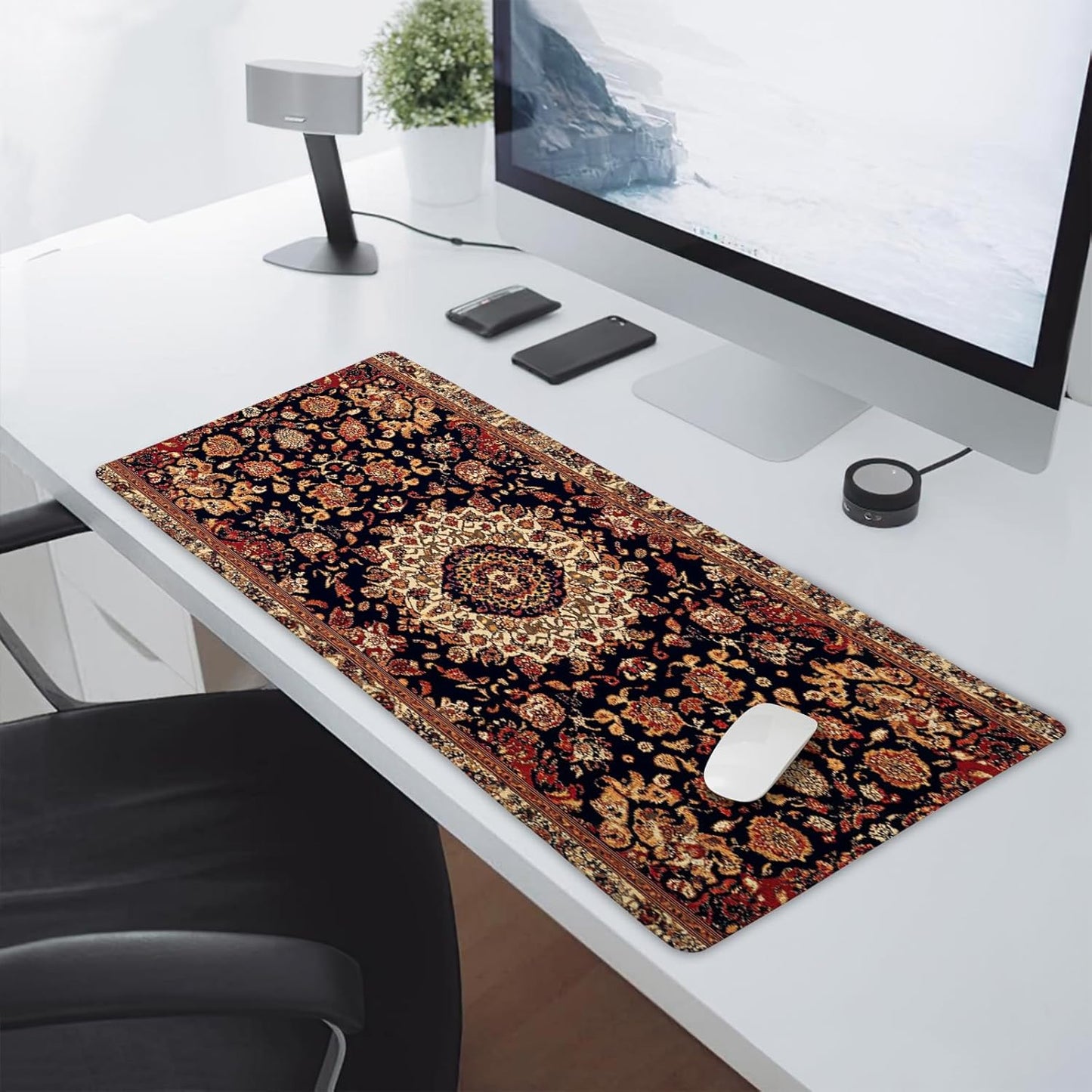 Vintage Rug Gaming Mouse Pad XL Dark Brown Retro Carpet Aesthetic Extended Large Mat Mousepad Desk Pad Non-Slip Rubber Base Stitched Edge Flower Keyboard Pad Playmat for Computer,20x14 Inch,60x35cm