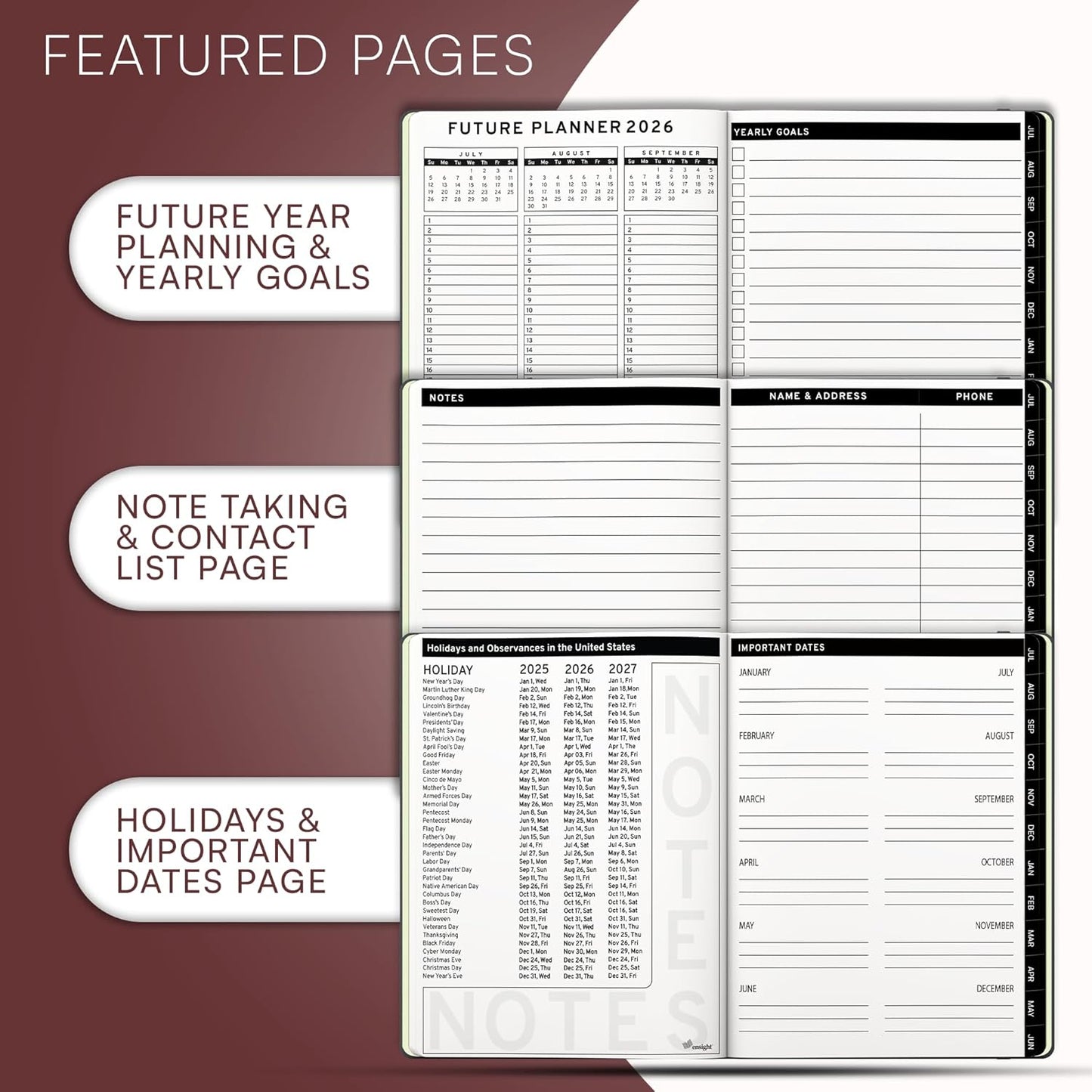 Ensight 2025-2026 HARDCOVER Leather Planner Weekly & Monthly - 6.5x8.5 Inches - Academic Planner Business Personal or Student - Pen Holder, Thick Paper, July 2025 - June 2026 (Red)