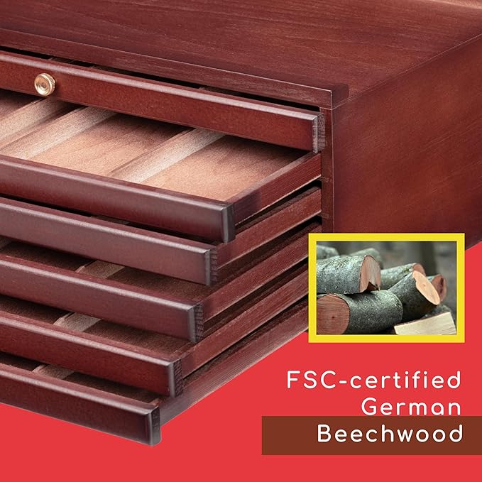 MEEDEN 10-drawer Wood Artist Supply Storage Box, Portable Beechwood Multifunctional Pencil Brush Organizer Wood Box with Drawer&Compartments for Pastels, Pencils, Pens, Makeup Brushes(Mahogany Color)