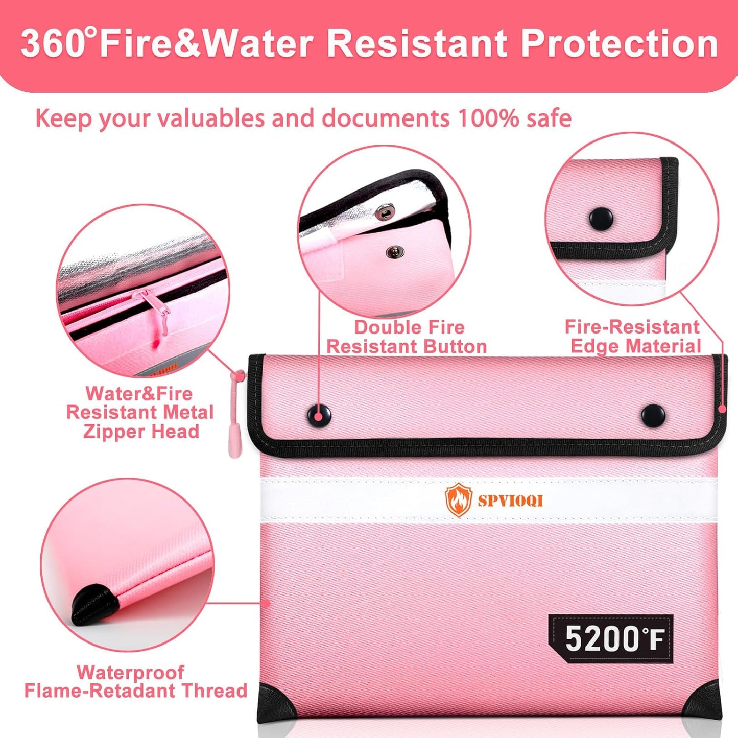 Upgraded Fireproof Document Bag 5200°F - with Heat Insulated, Fireproof Bag with Zipper/Reflective Strip, 9 Layers of Functional Materials, Fireproof Money Bag for Cash/Documents, Water Resistant Pink