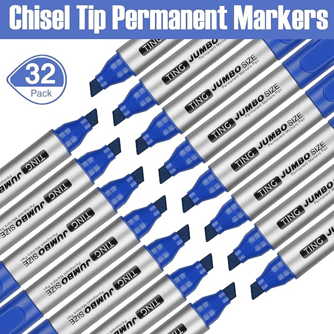 Fuutreo 32 Pcs Jumbo Permanent Markers Bulk Large Chisel Tip Permanent Markers Waterproof Jumbo Pens Quick Drying Office Teacher Supplies(Blue)