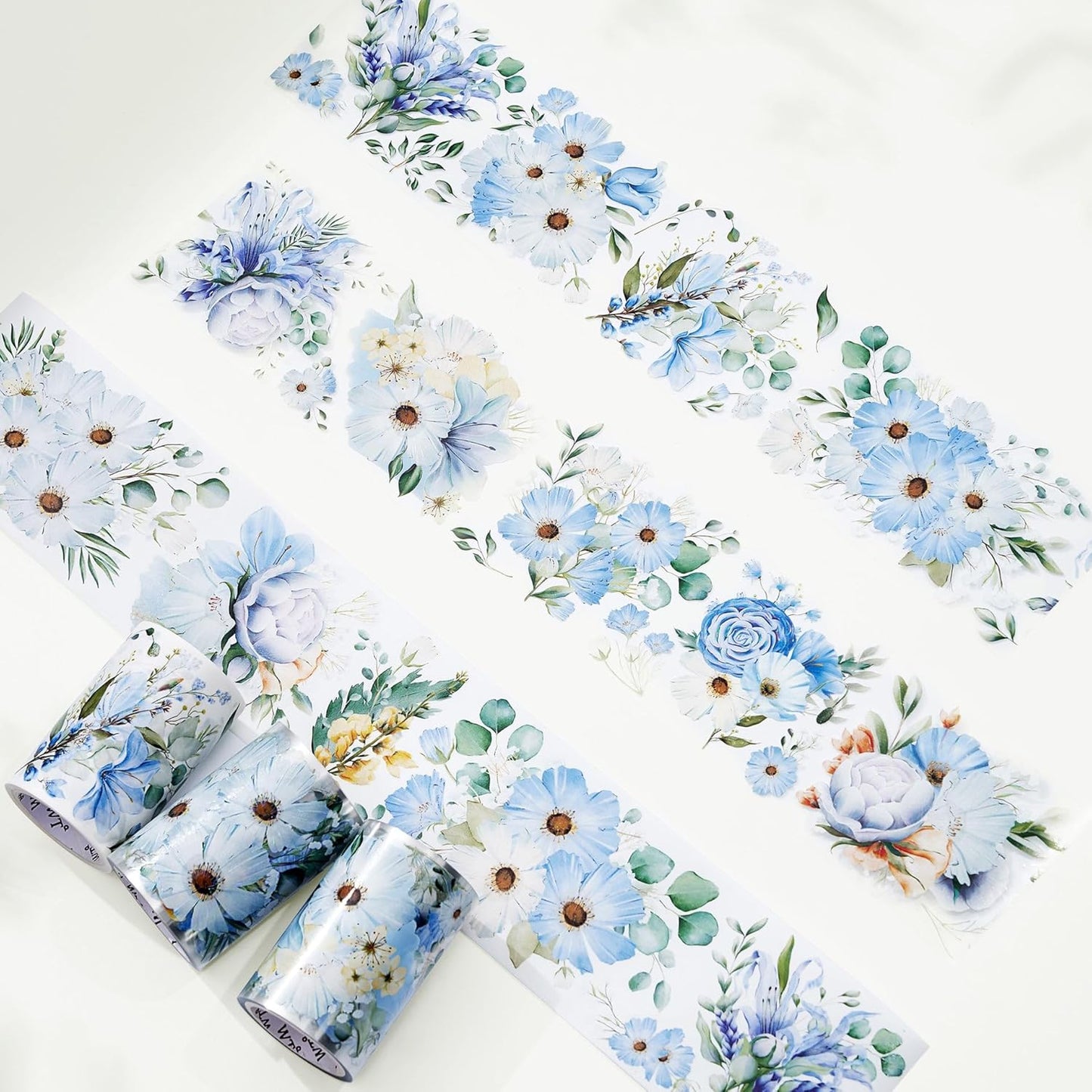WT Serene Wide PET Tape, Single Roll, Original Designs, Watercolor Blue Flower Decorative Tape, Transparent Clear Adhesive Tape, Journal Scrapbook Bujo Planner DIY Craft Supplies