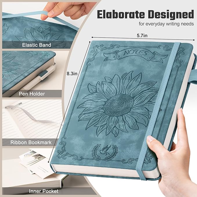 Sunflower Journal for Girls Women Journals for Writing 100GSM College Ruled A5 Leather Notebook for Girls Ages 8-12 Flower Diary with Heart-shaped Shadow, 5.7" x 8.3", Blue