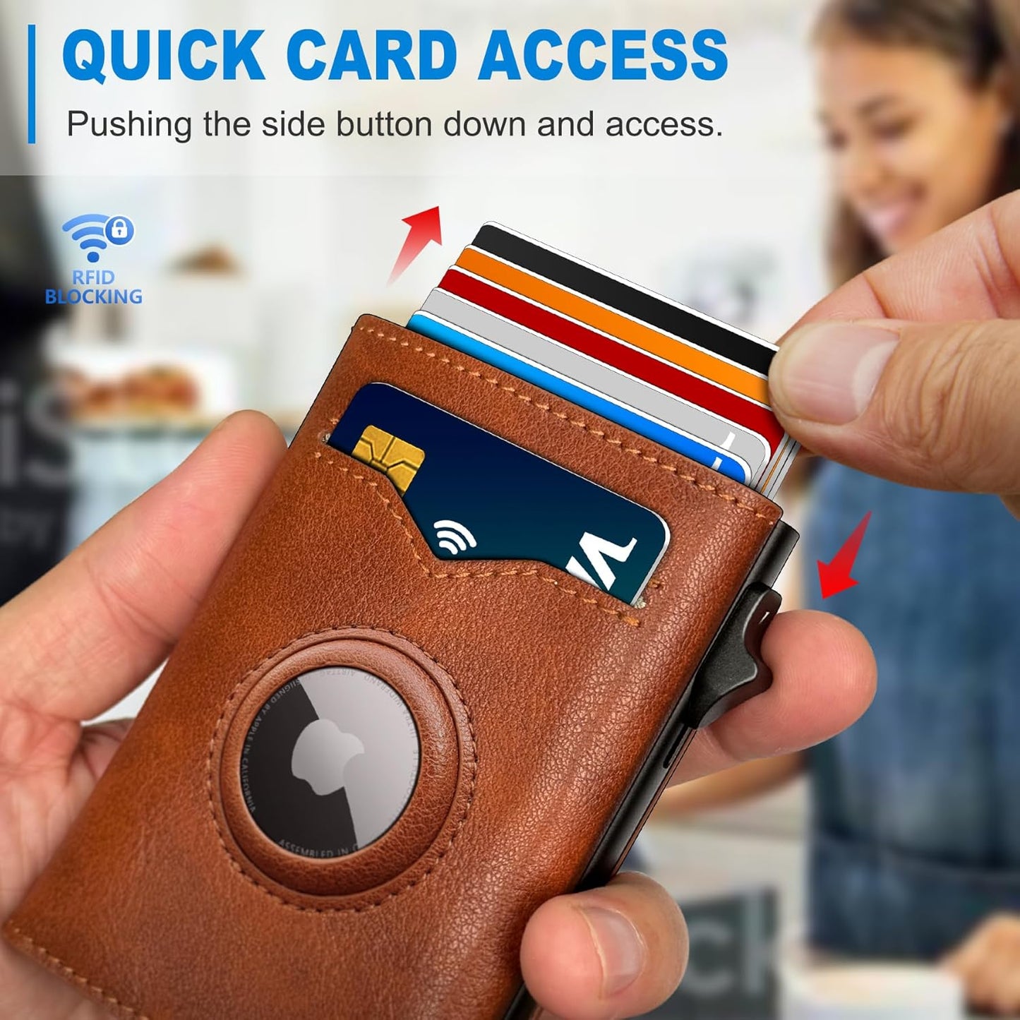 Airtag Wallet for Men,with Cash Pocket 2 ID Window 9-12 Cards,Metal Case Smart Slim Pop Up Credit Card Holder Flip with Magnetic Closure RFID Blocking Trifold wallet with Gift Box