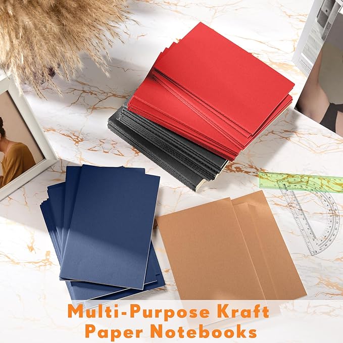 Mimorou 100 Pcs Kraft Notebook Journals 5.5 Inch x 8.3 Inch A5 Softcover Notebooks Bulk for Writing Sketch Office Notepad with 60 Pages 30 Sheets(Black, Brown, Red, Navy,Lined)