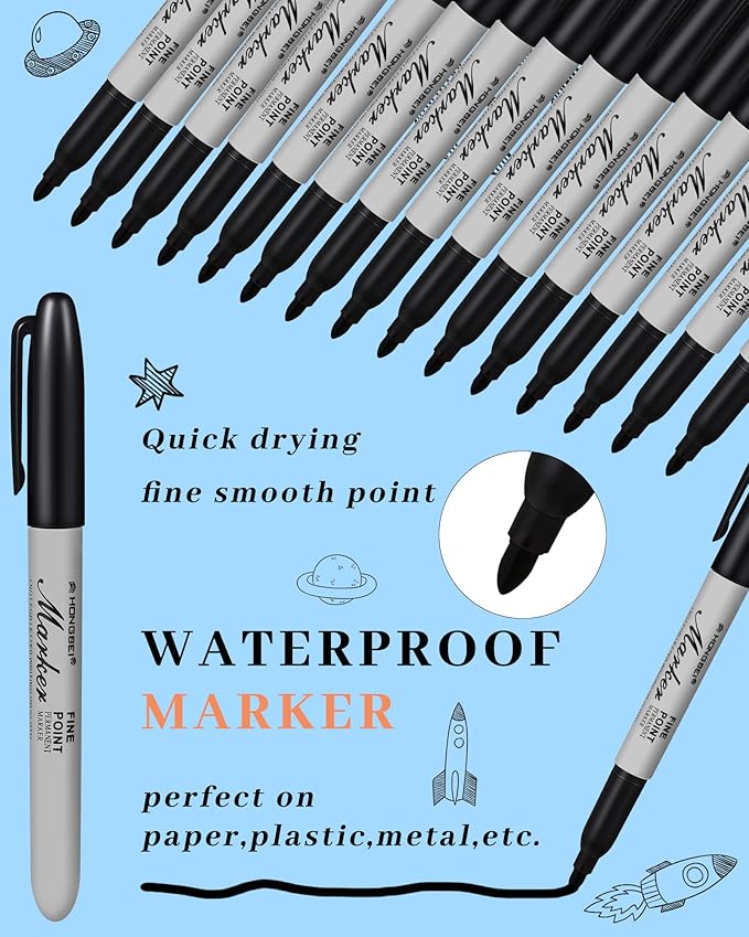 Thenshop 100 Pack Permanent Markers Bulk Black Permanent Marker Set Fine Point Pens Work on Wood, Metal, Stone, Glass
