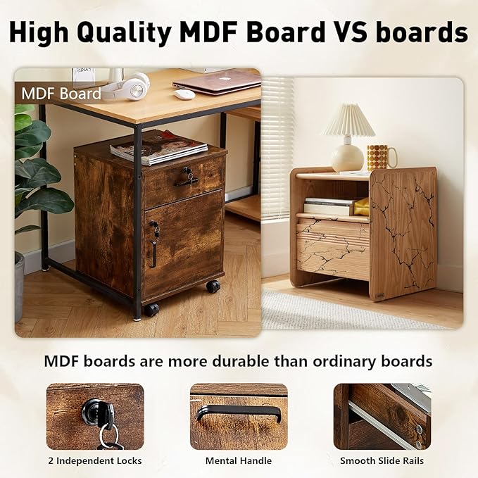 TUKAILAi Mobile File Cabinet with Lockable Drawer & Door, Under Desk Rolling Filing Cabinet with 4 Wheels, Wooden Stationery Storage Cabinet for Home Office (Rustic Brown)