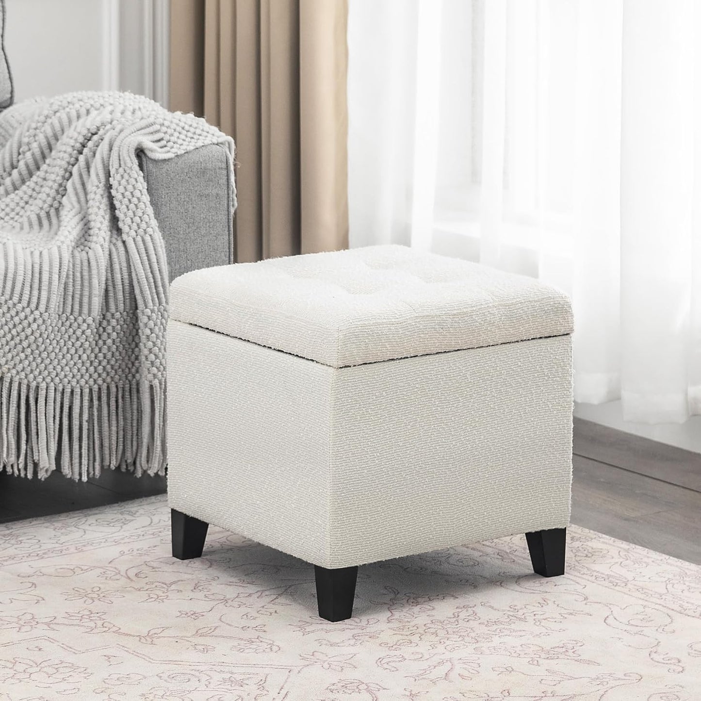 Adeco 18 Inch High Cube Ottoman Storage, Linen Chair Foot Stools, Upholstered Vanity Stool with Hinged Lid, Solid Wood Legs (White Circle Yarn)